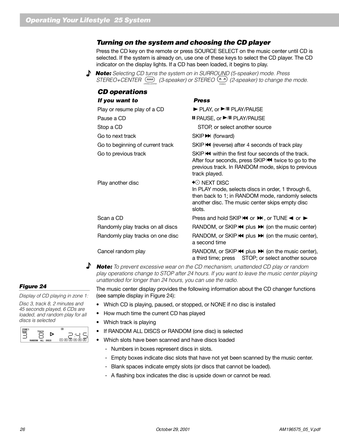 Bose 25 Series II manual Turning on the system and choosing the CD player, CD operations, If you want to Press 