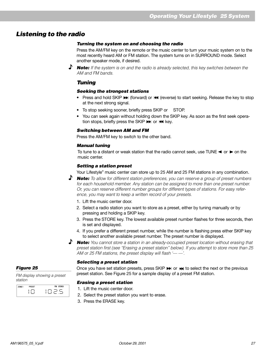 Bose 25 Series II manual Listening to the radio, Tuning 