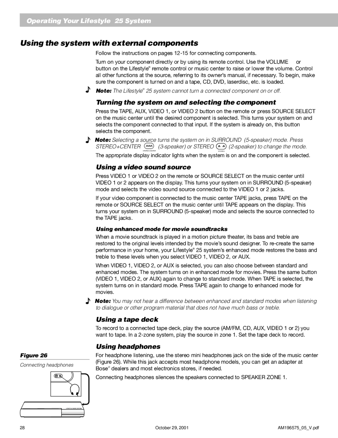 Bose 25 Series II manual Using the system with external components, Turning the system on and selecting the component 