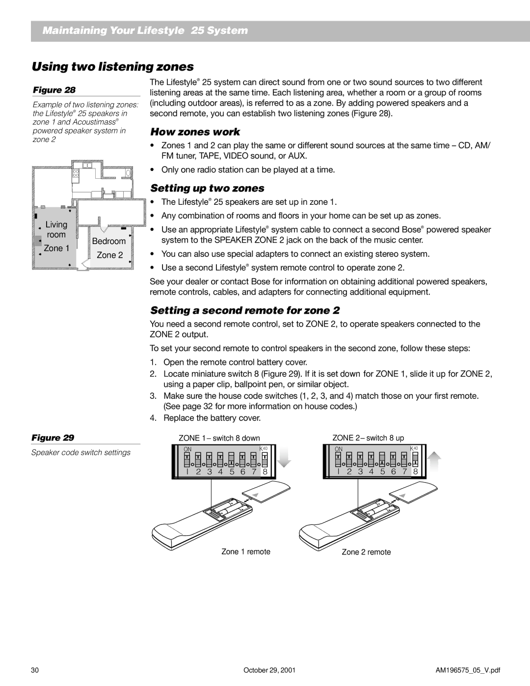 Bose 25 Series II manual Using two listening zones, How zones work, Setting up two zones, Setting a second remote for zone 