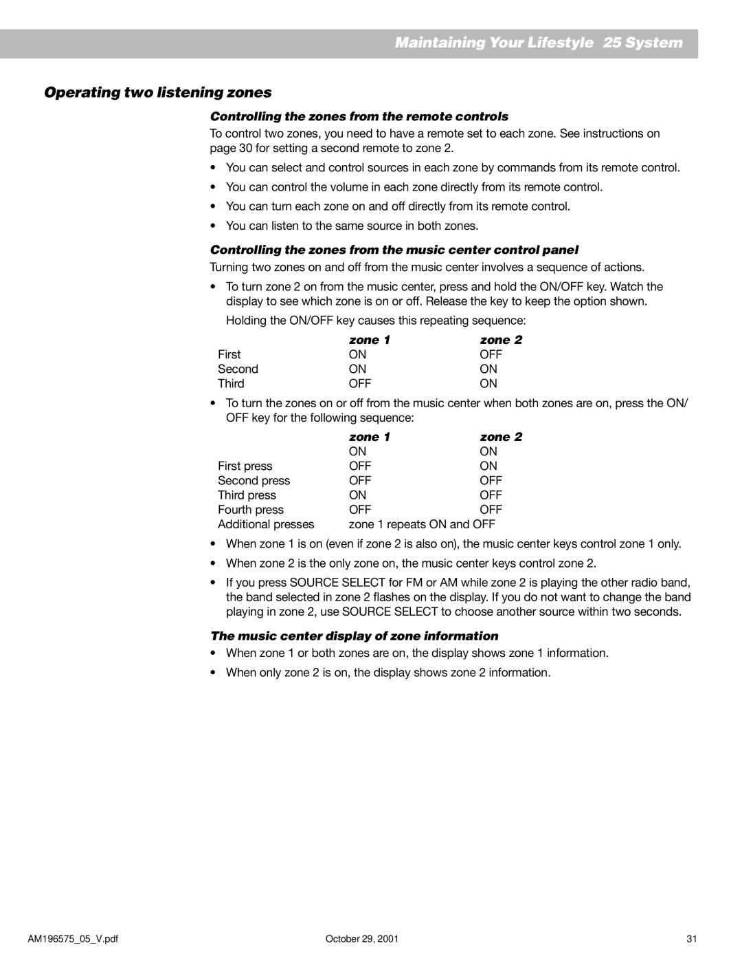 Bose 25 Series II manual Operating two listening zones, Controlling the zones from the remote controls, Zone 