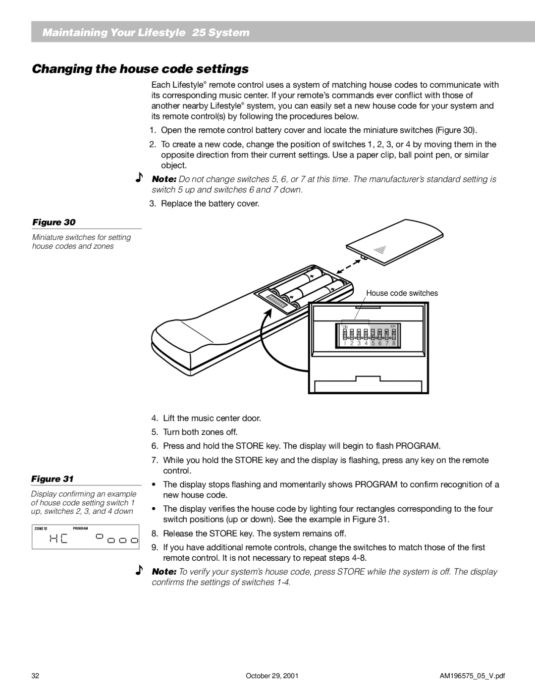 Bose 25 Series II manual Changing the house code settings, Miniature switches for setting house codes and zones 