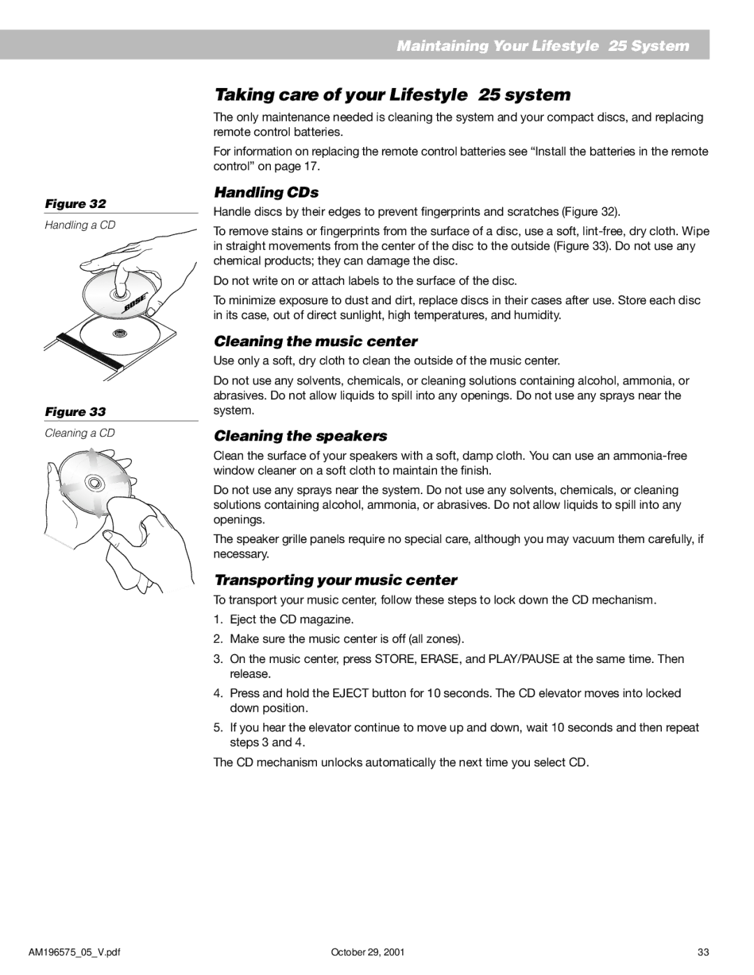 Bose 25 Series II Taking care of your Lifestyle 25 system, Handling CDs, Cleaning the music center, Cleaning the speakers 