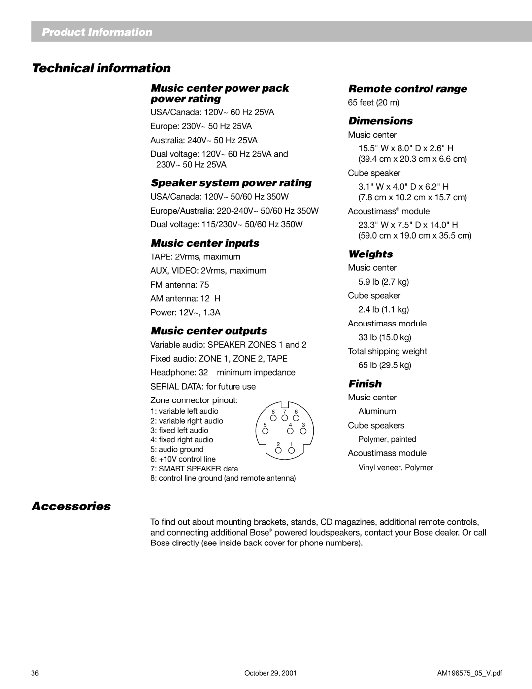 Bose 25 Series II manual Technical information, Accessories 