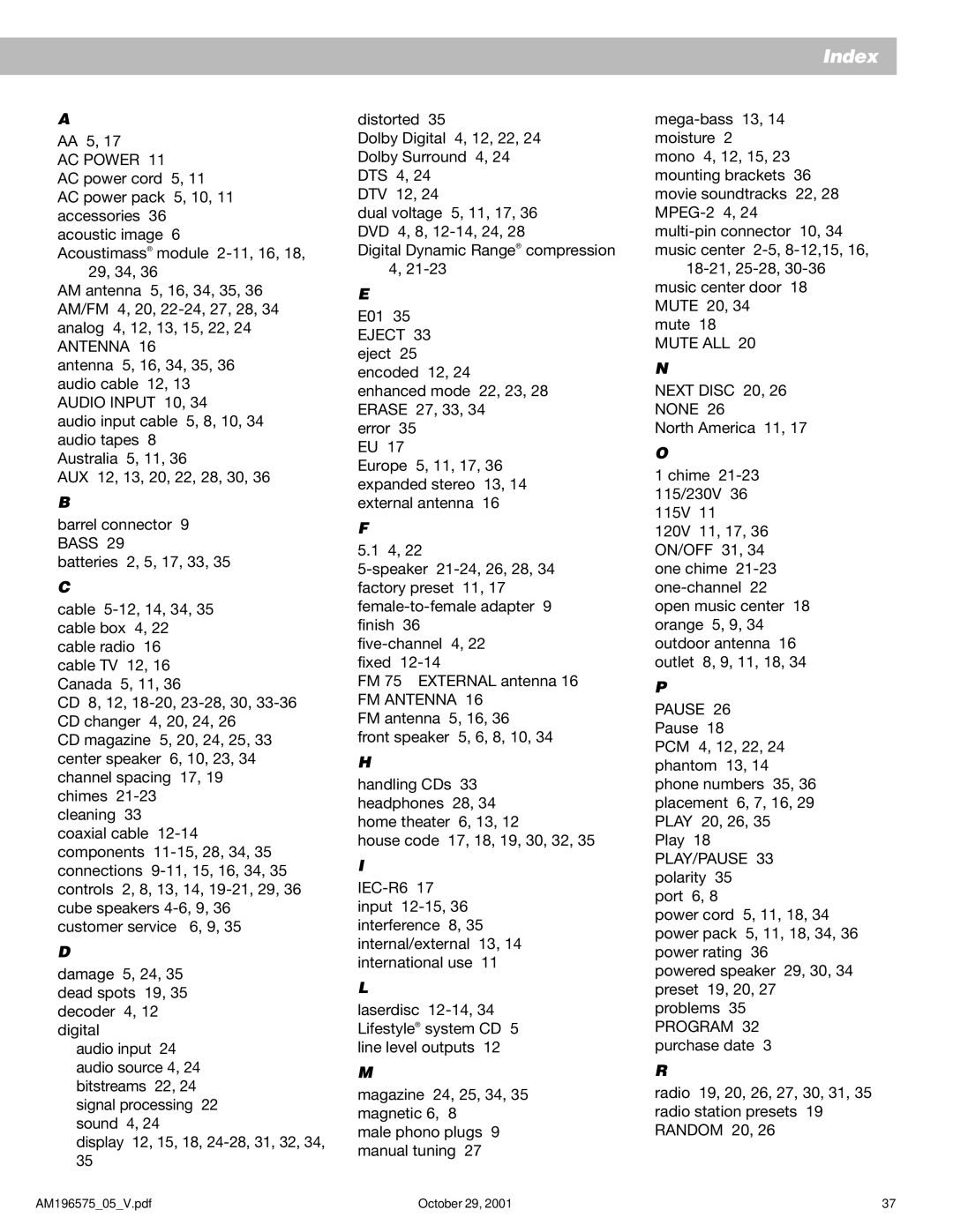 Bose 25 Series II manual Index 