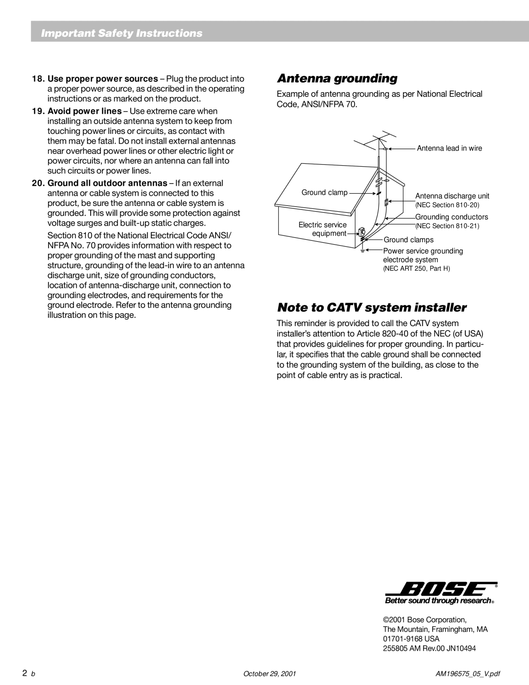 Bose 25 Series II manual Antenna grounding 