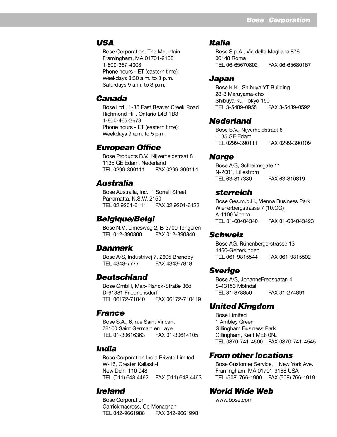Bose 25 Series II Canada, European Office, Australia, Belgique/België, Danmark, Deutschland, France, India, Ireland, Japan 