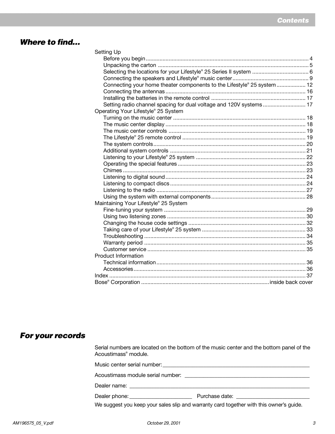 Bose 25 Series II manual Where to find…, For your records 