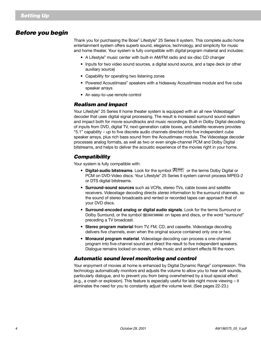 Bose 25 Series II manual Before you begin, Realism and impact, Compatibility, Automatic sound level monitoring and control 