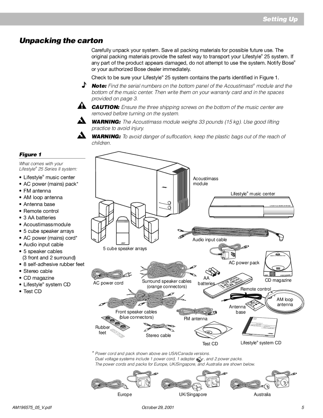 Bose 25 Series II manual Unpacking the carton, Cube speaker arrays AC power cord 