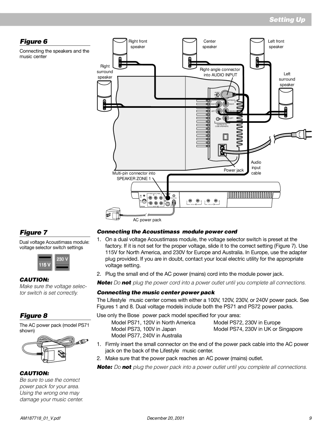 Bose 25 manual Connecting the Acoustimass module power cord, Connecting the music center power pack 