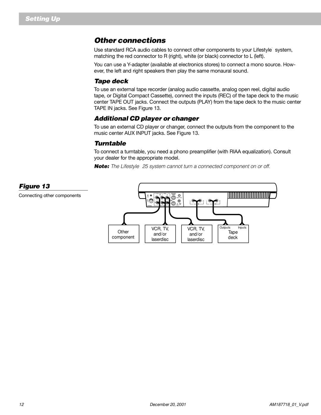 Bose 25 manual Other connections, Tape deck, Additional CD player or changer, Turntable 