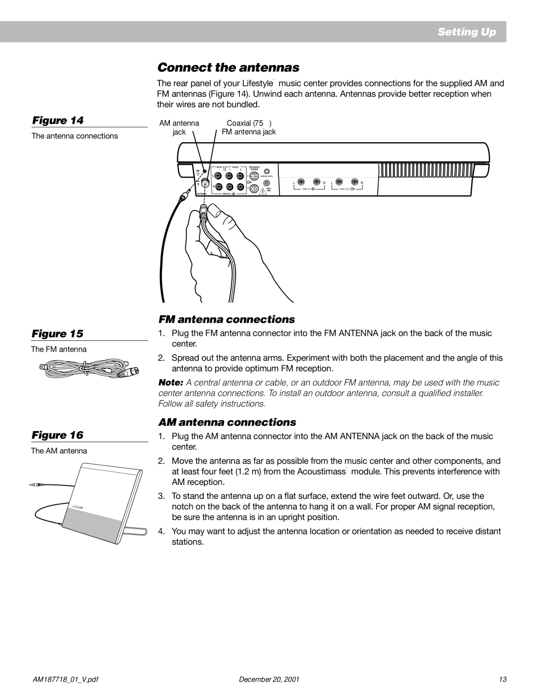 Bose 25 manual Connect the antennas, FM antenna connections, AM antenna connections 