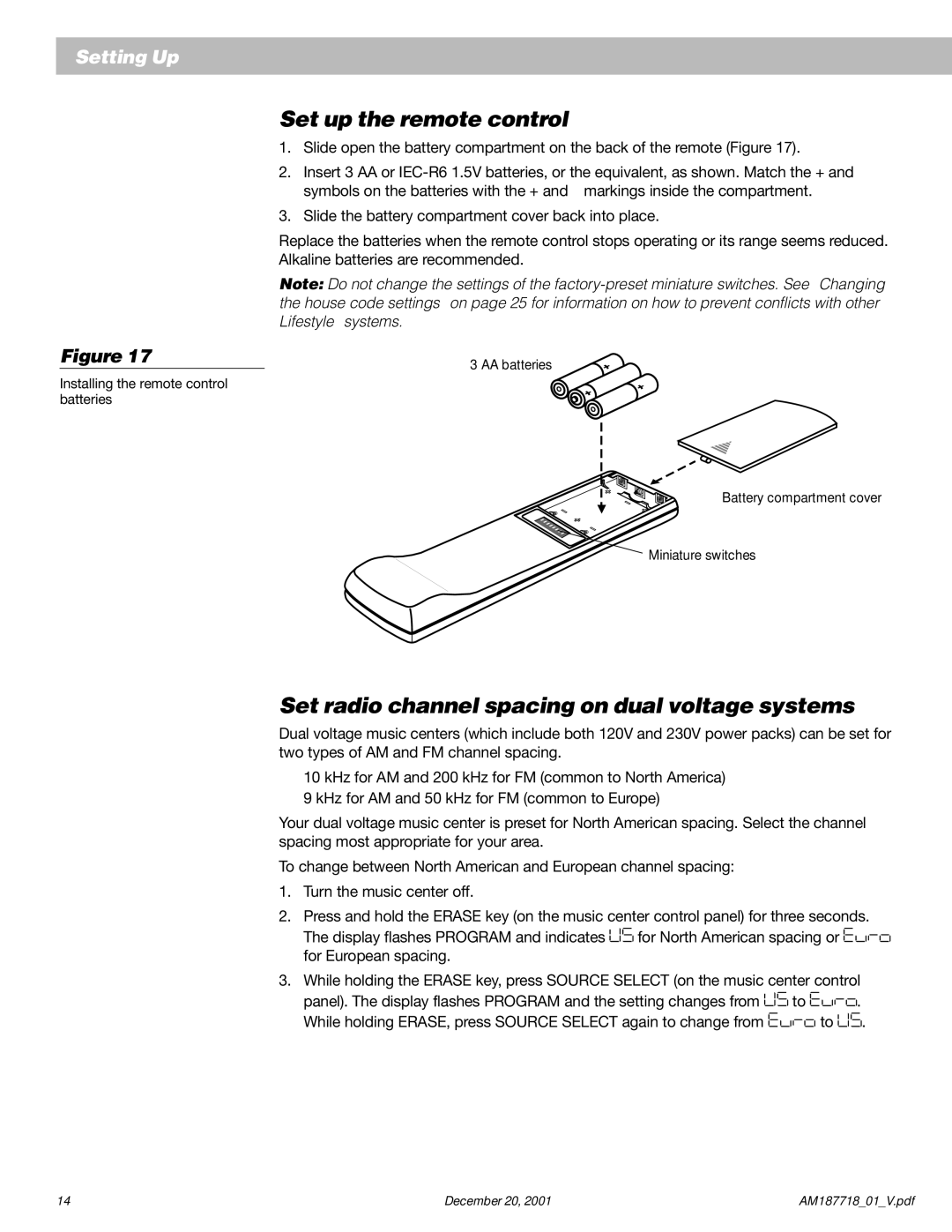 Bose 25 manual Set up the remote control, Set radio channel spacing on dual voltage systems 