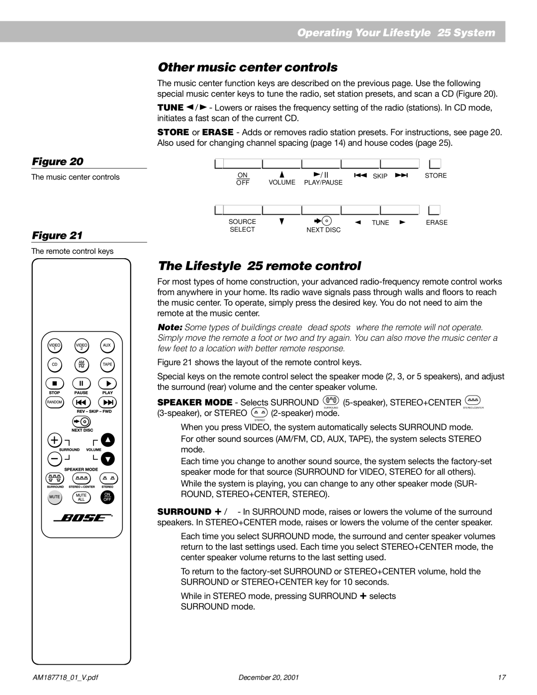 Bose manual Other music center controls, Lifestyle 25 remote control 