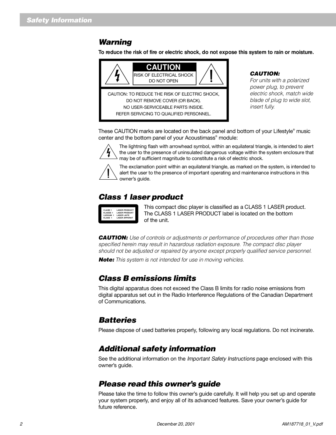 Bose 25 manual Class 1 laser product, Class B emissions limits, Batteries, Additional safety information 