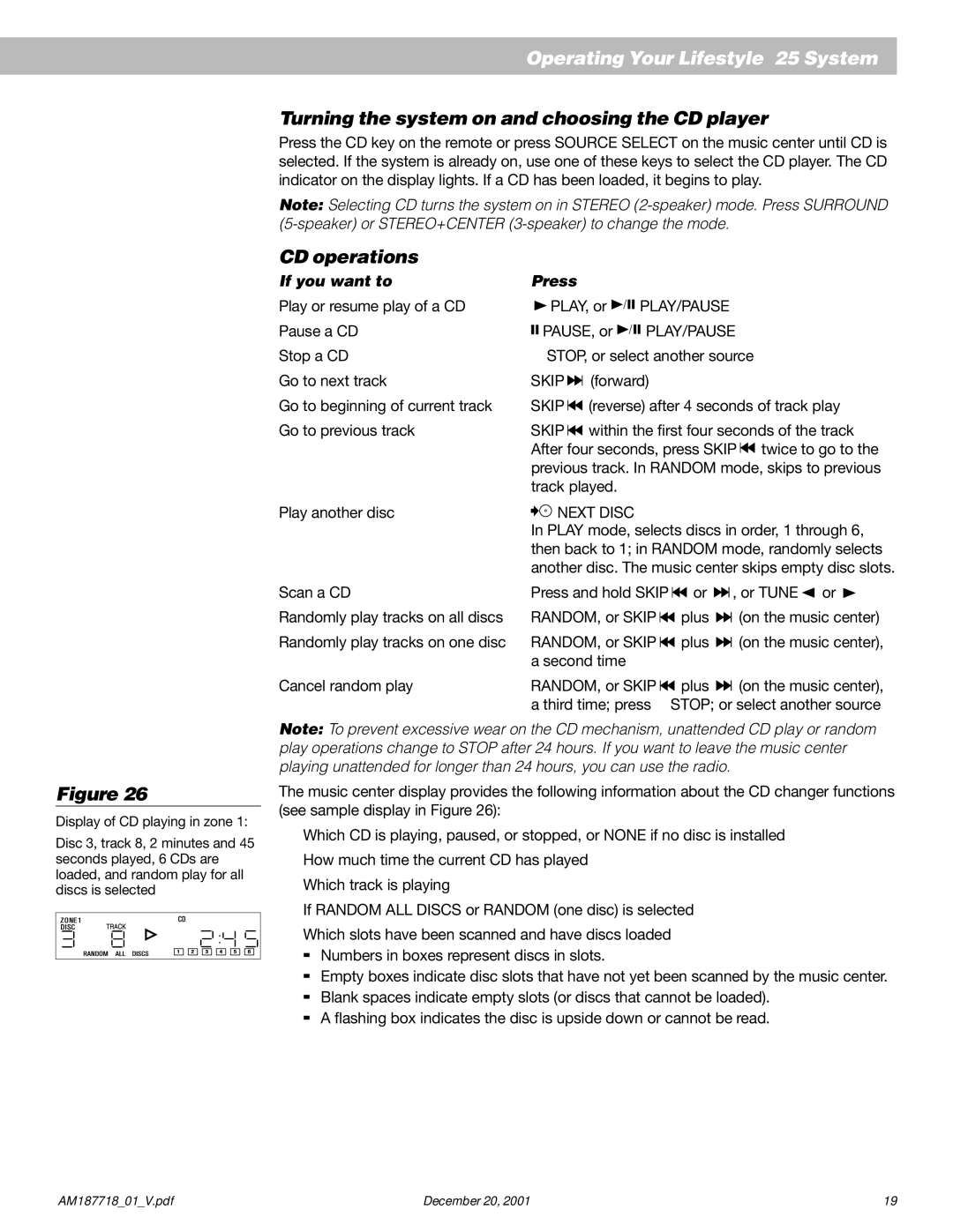 Bose 25 manual Turning the system on and choosing the CD player, CD operations, If you want to, Press 