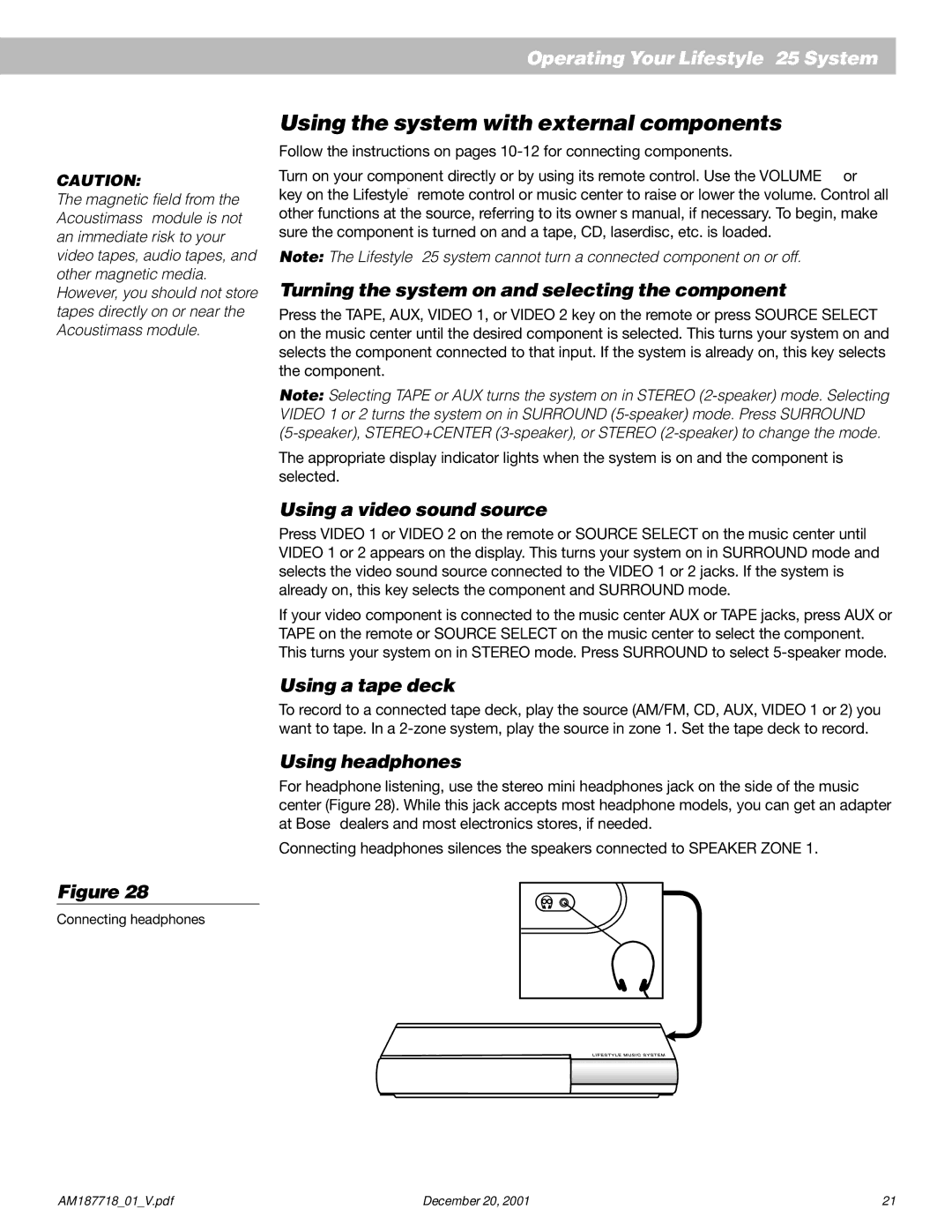 Bose 25 Using the system with external components, Turning the system on and selecting the component, Using a tape deck 