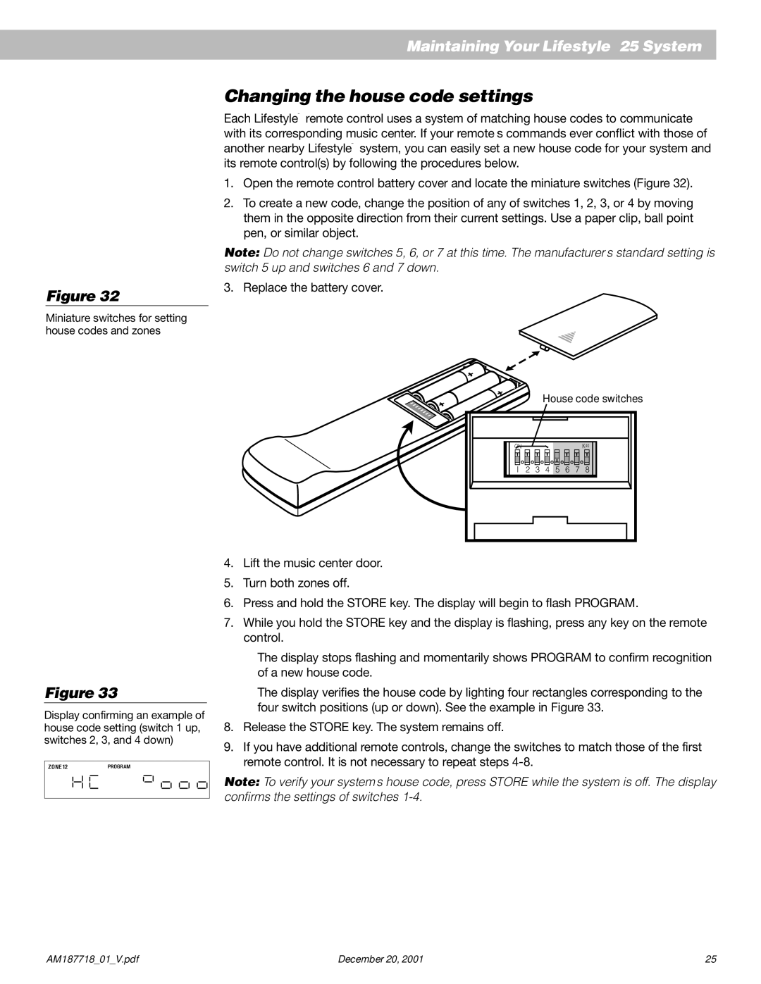 Bose 25 manual Changing the house code settings 