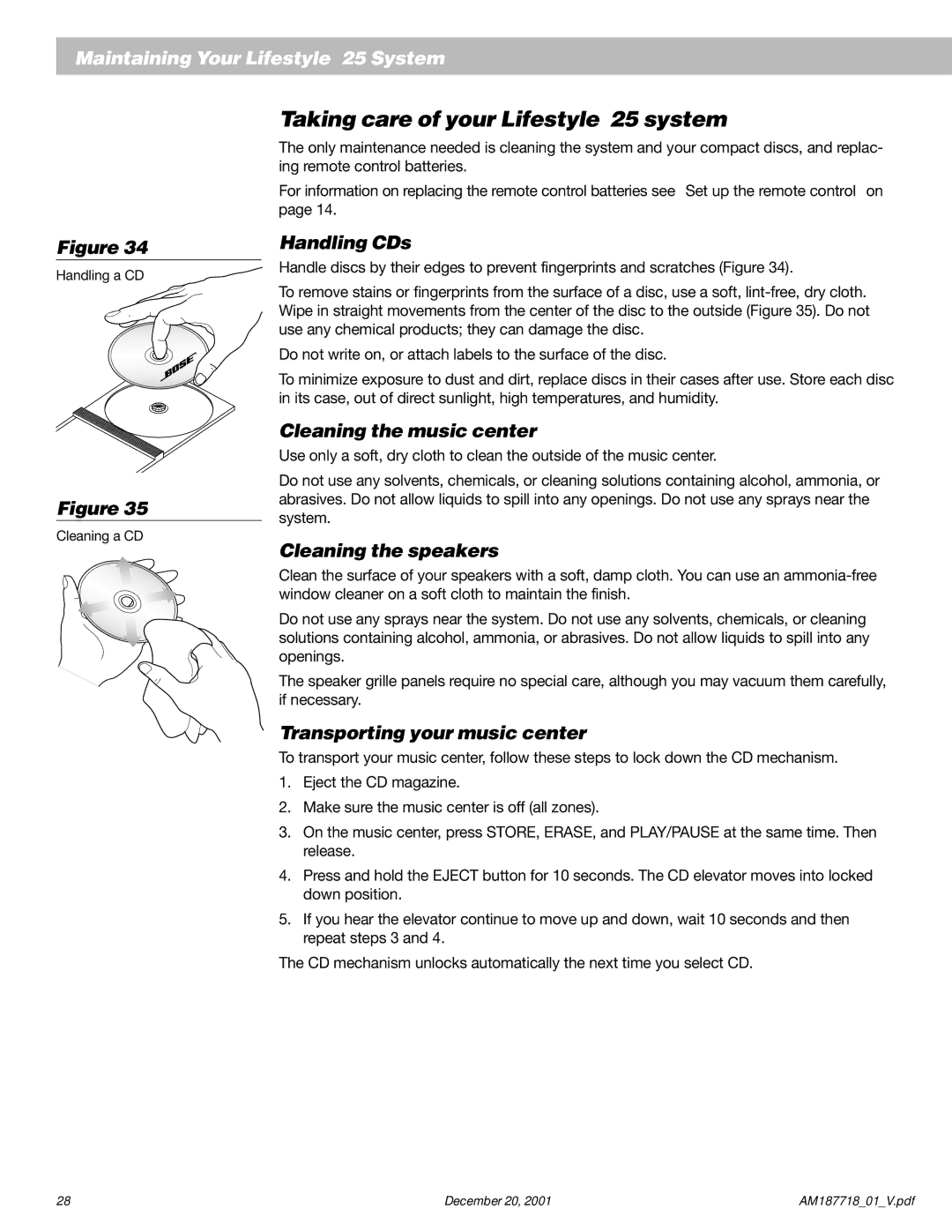 Bose manual Taking care of your Lifestyle 25 system, Handling CDs, Cleaning the music center, Cleaning the speakers 