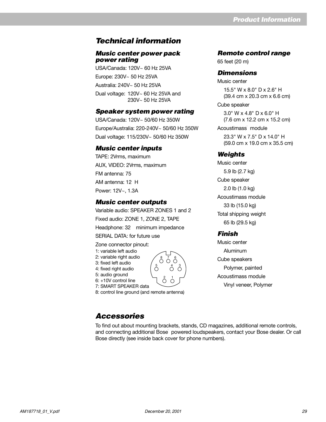 Bose 25 manual Technical information, Accessories 