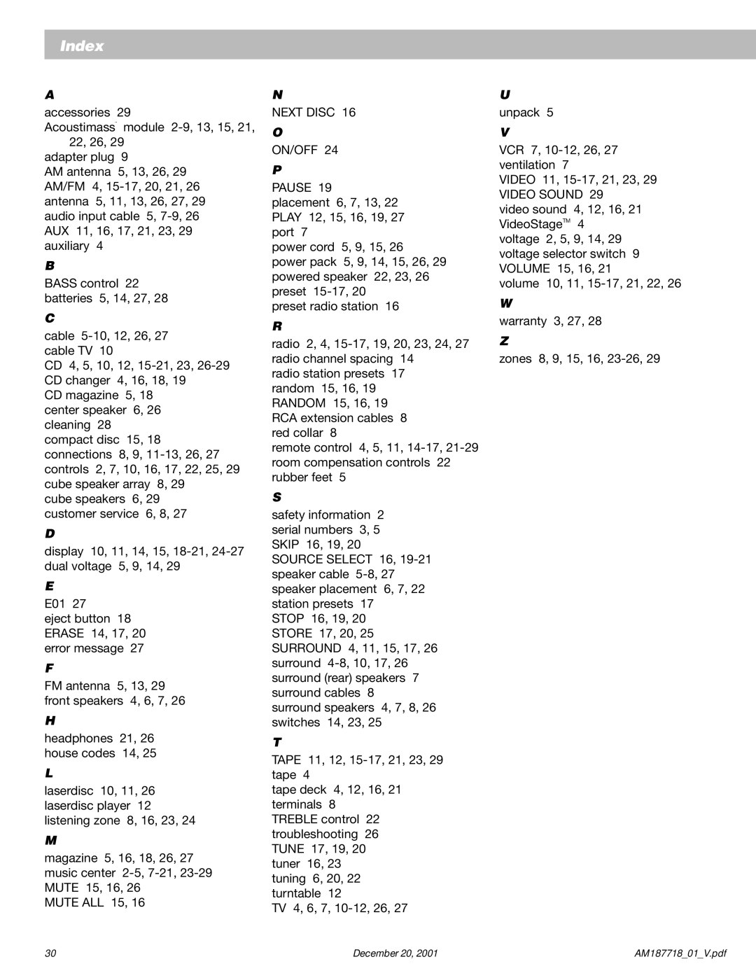 Bose 25 manual Index 