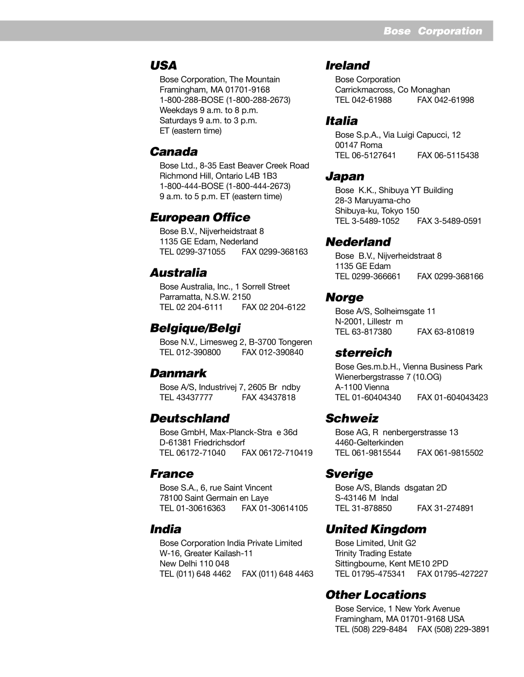 Bose 25 Canada, European Office, Australia, Belgique/België, Danmark, Ireland, Italia, Japan, Nederland, Norge, Österreich 