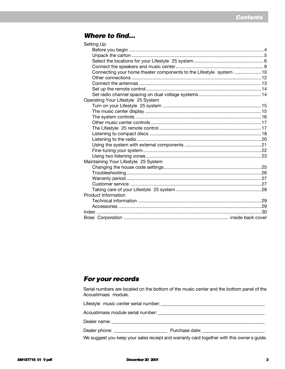 Bose 25 manual Where to find…, For your records 