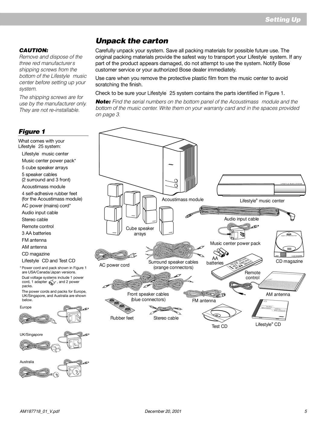 Bose 25 manual Unpack the carton 