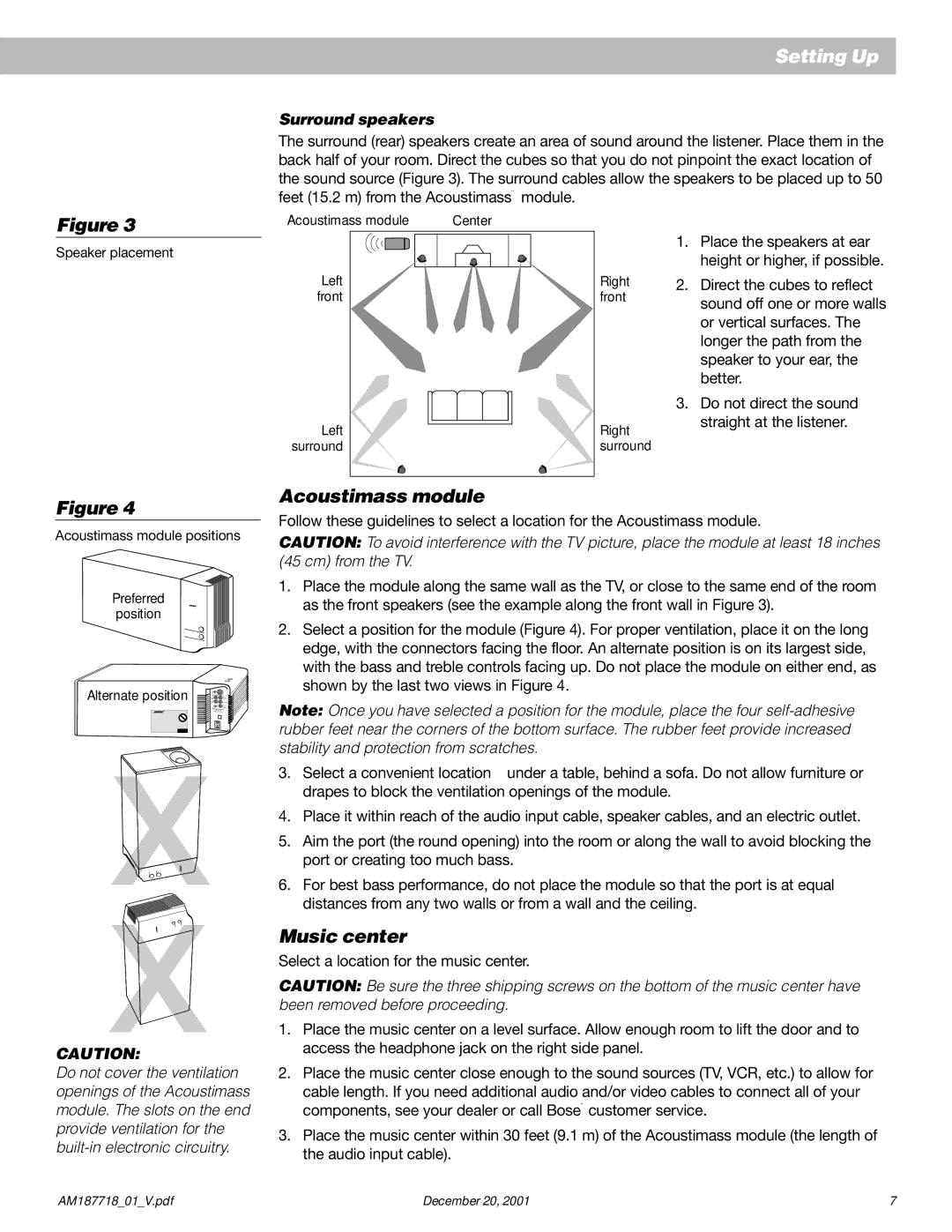 Bose 25 manual Acoustimass module, Music center, Surround speakers 