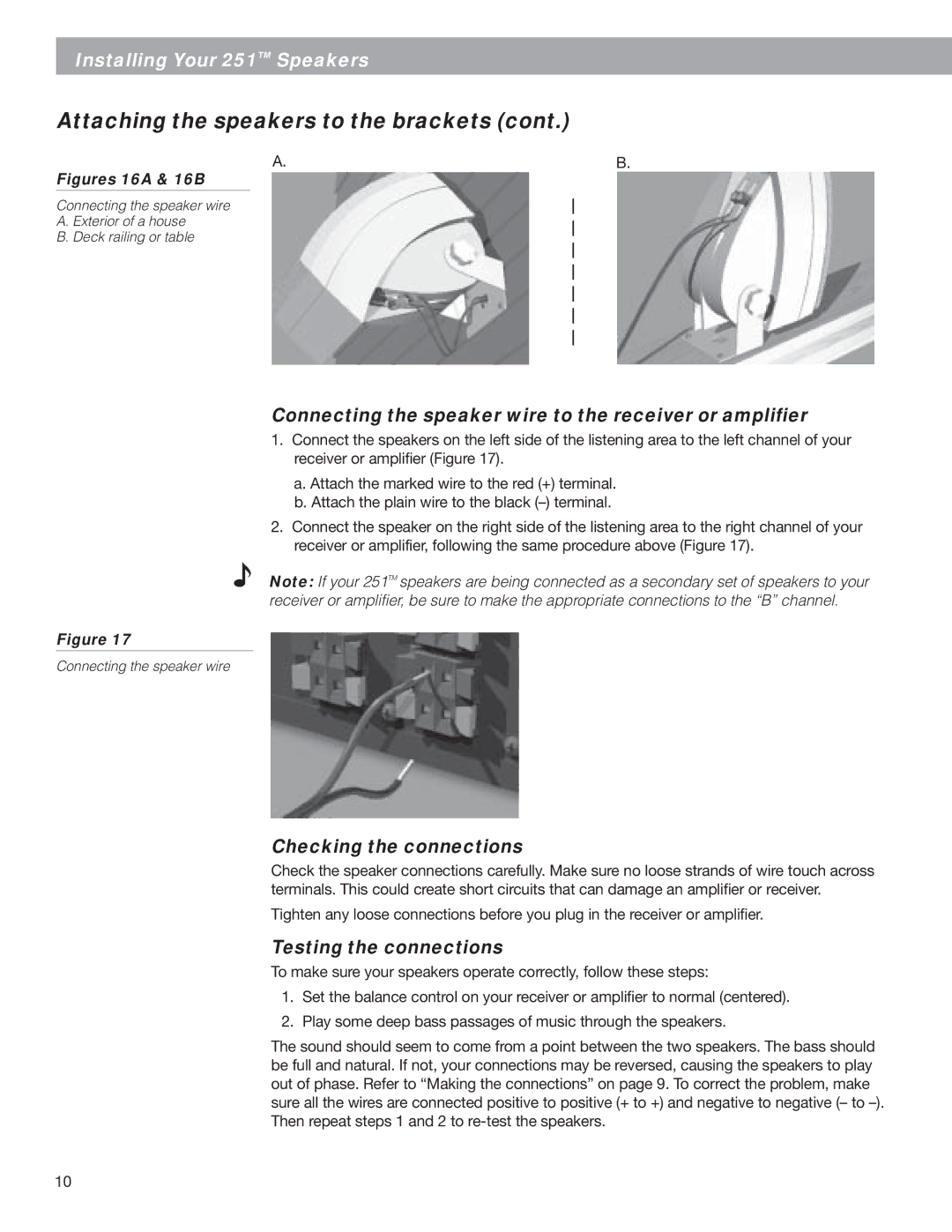 Bose BOSE251WHT, EN50082-1, EN50081-1 Connecting the speaker wire to the receiver or amplifier, Checking the connections 