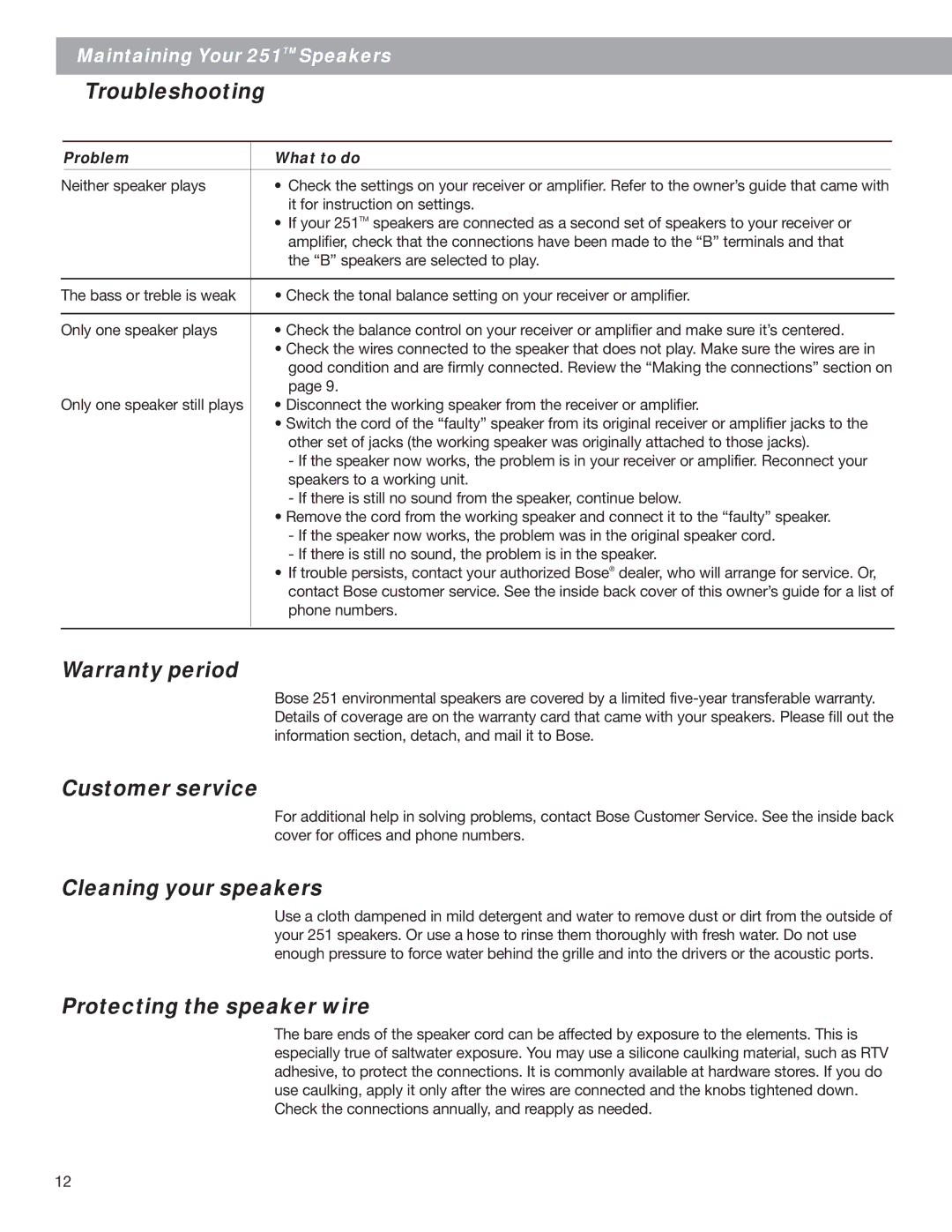 Bose 251 (R) Black (Pr.), EN50082-1, EN50081-1 Troubleshooting, Warranty period, Customer service, Cleaning your speakers 