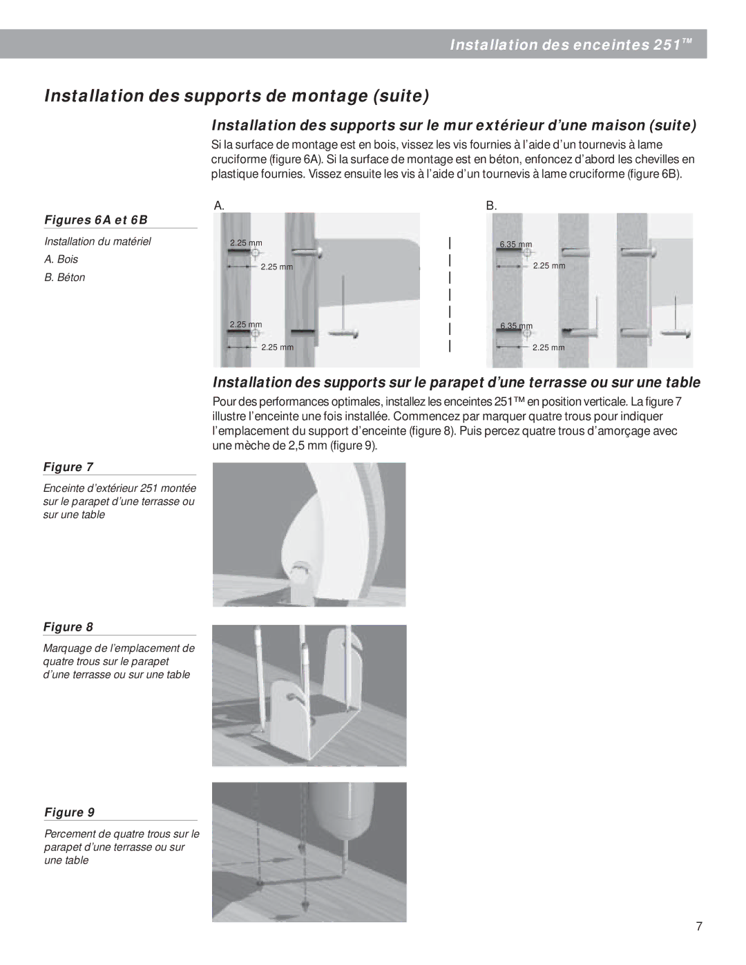 Bose EN50082-1, EN50081-1, BOSE251BLK, BOSE251WHT manual Installation des supports de montage suite, Figures 6A et 6B 