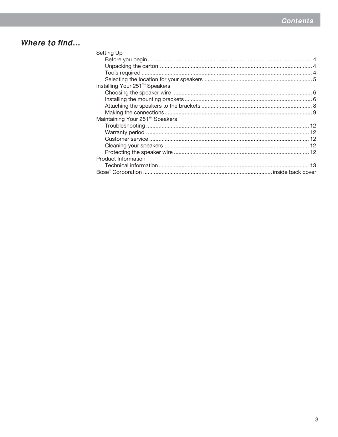 Bose BOSE251WHT, EN50082-1, EN50081-1, BOSE251BLK, 250811-FRAvo, 251 (R) Black (Pr.) manual Where to find…, Setting Up 