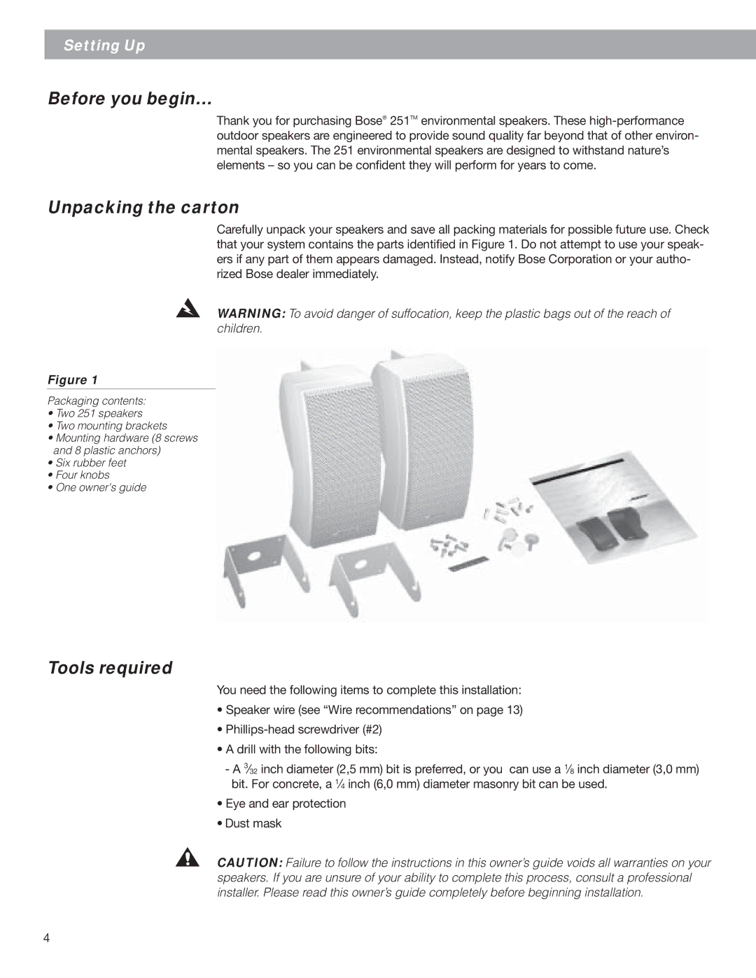 Bose 250811-FRAvo, EN50082-1, EN50081-1, BOSE251BLK, BOSE251WHT Before you begin…, Unpacking the carton, Tools required 