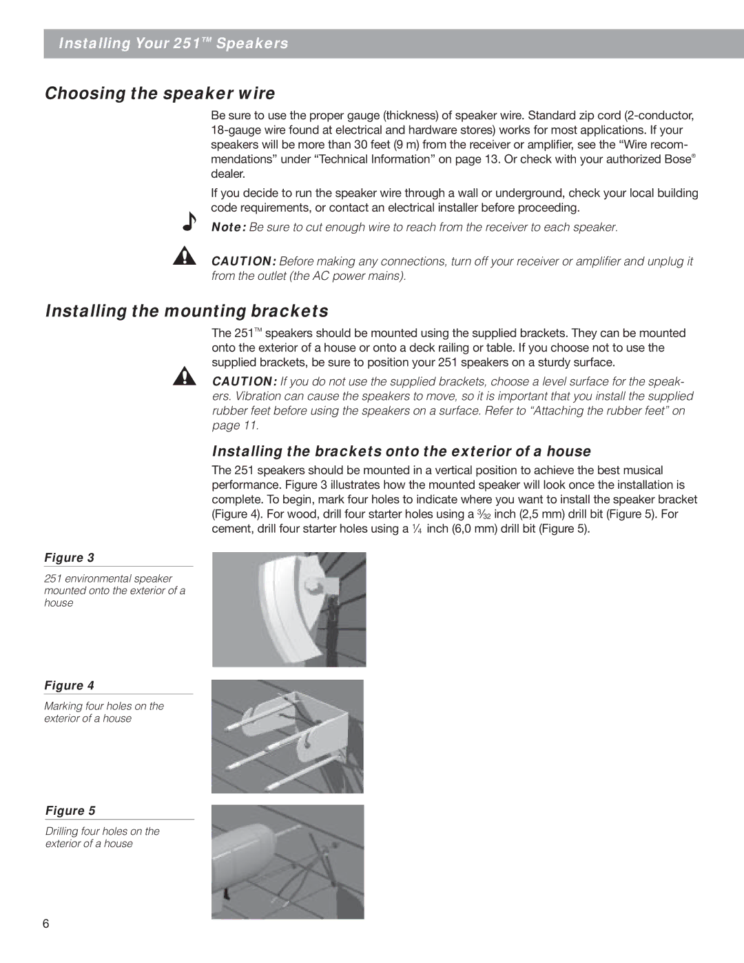 Bose 251 Choosing the speaker wire, Installing the mounting brackets, Installing the brackets onto the exterior of a house 