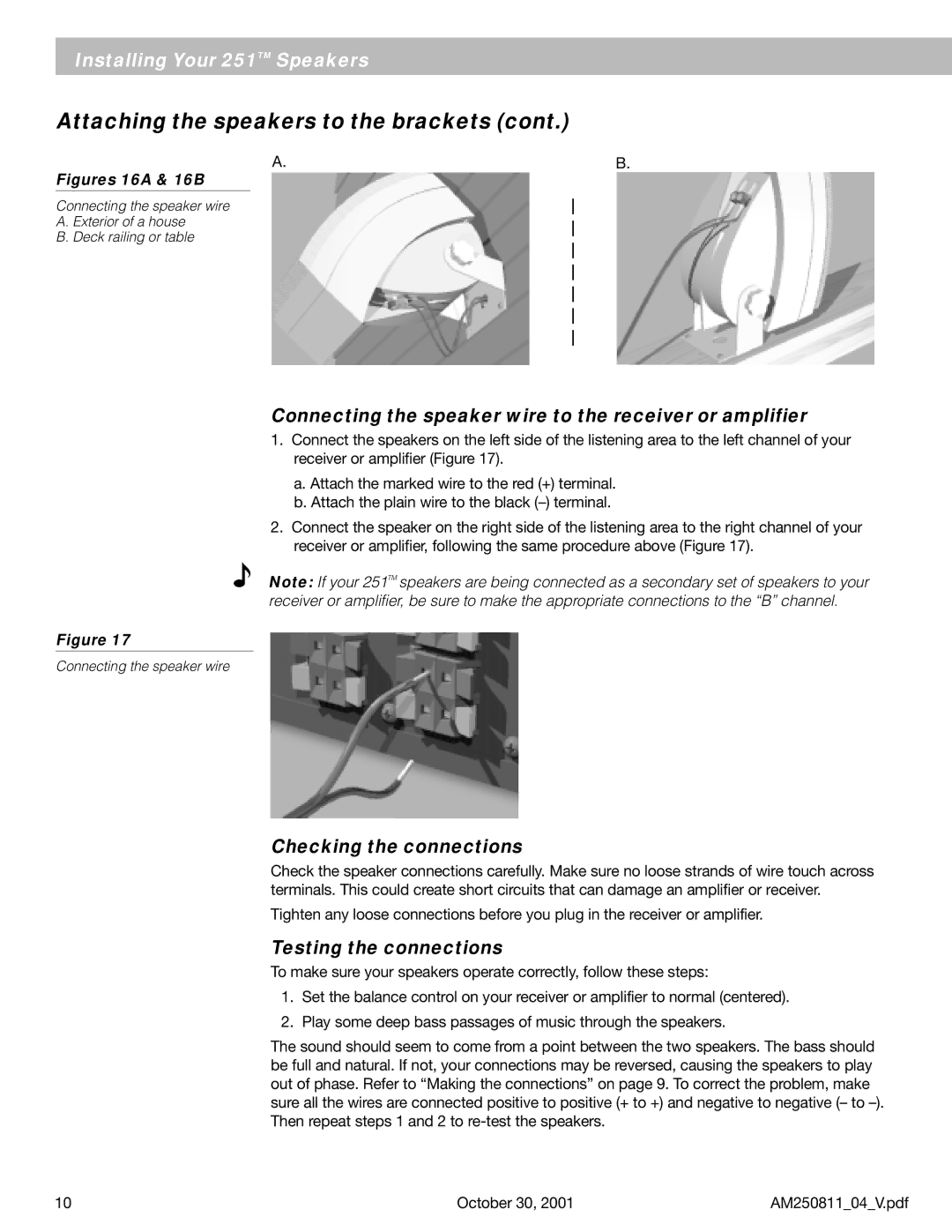 Bose 251 manual Connecting the speaker wire to the receiver or amplifier, Checking the connections, Testing the connections 