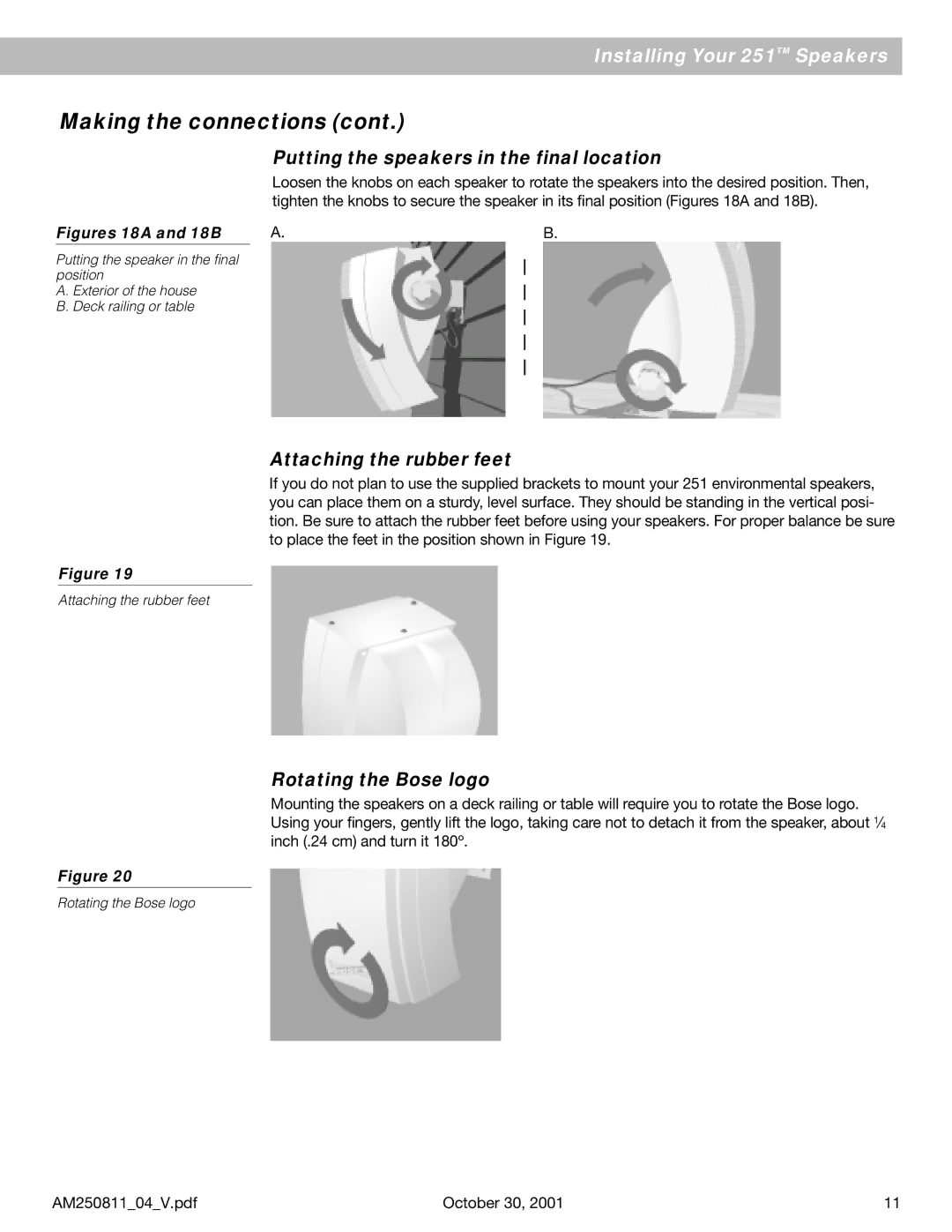Bose 251 manual Putting the speakers in the final location, Attaching the rubber feet, Rotating the Bose logo 