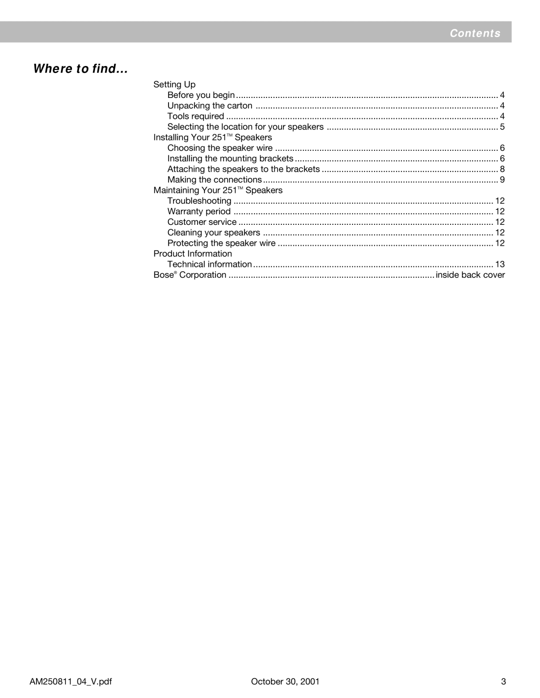 Bose 251 manual Where to find…, Setting Up 