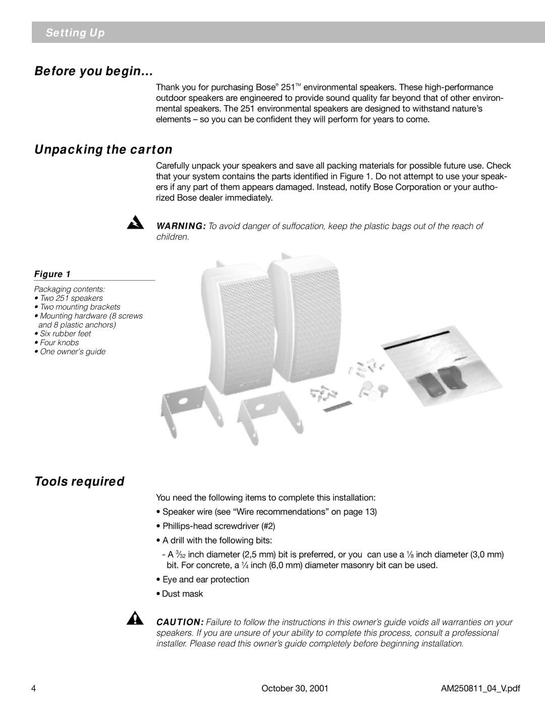 Bose 251 manual Before you begin…, Unpacking the carton, Tools required 