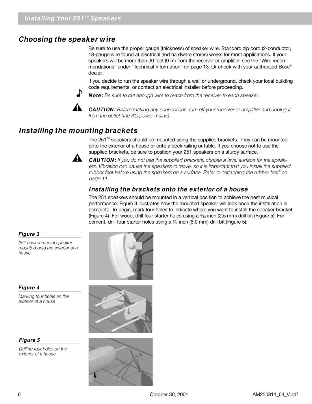 Bose 251 Choosing the speaker wire, Installing the mounting brackets, Installing the brackets onto the exterior of a house 