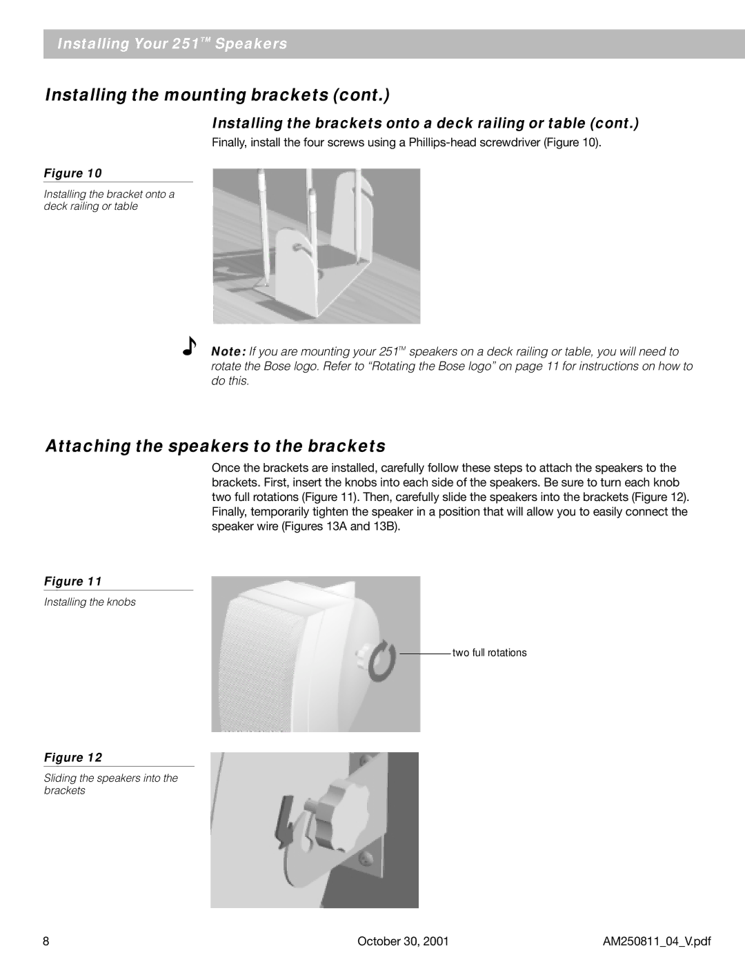 Bose 251 manual Attaching the speakers to the brackets 