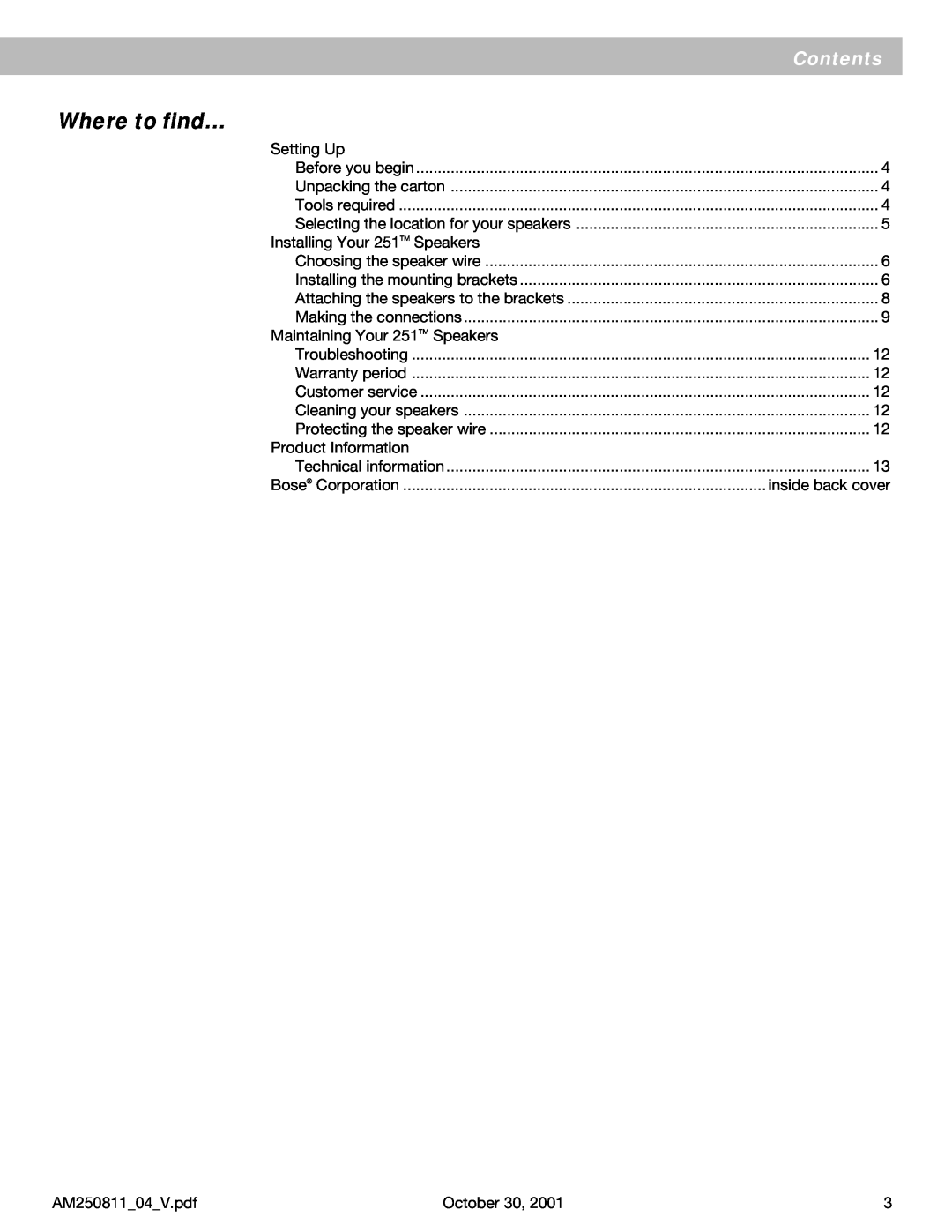 Bose 251 manual Where to find…, Contents 
