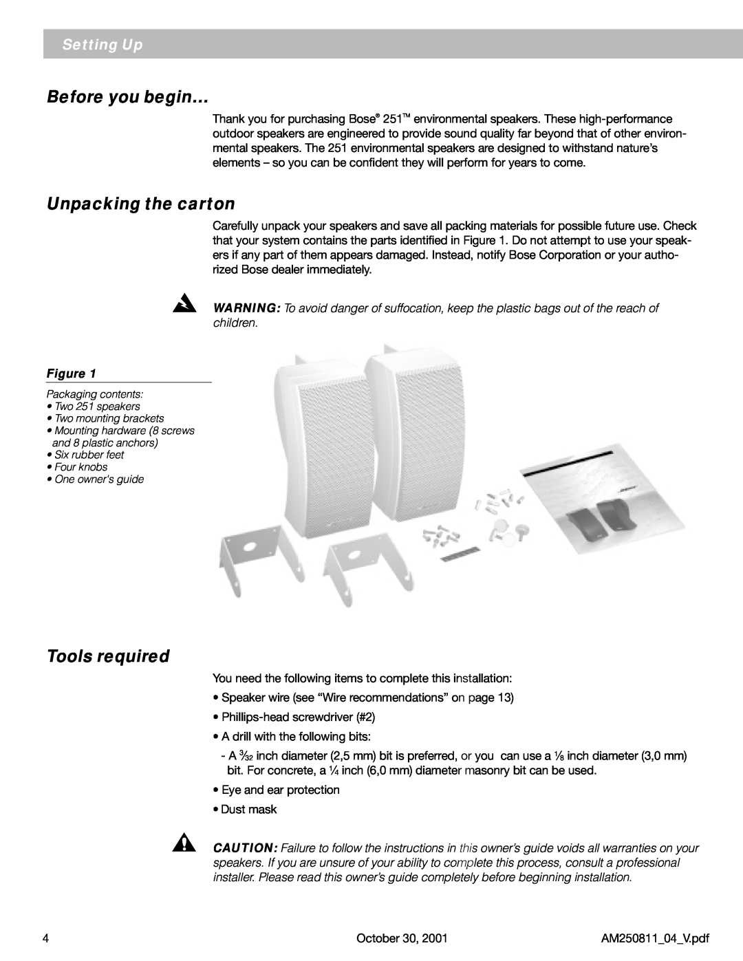 Bose 251 manual Before you begin…, Unpacking the carton, Tools required, Setting Up 