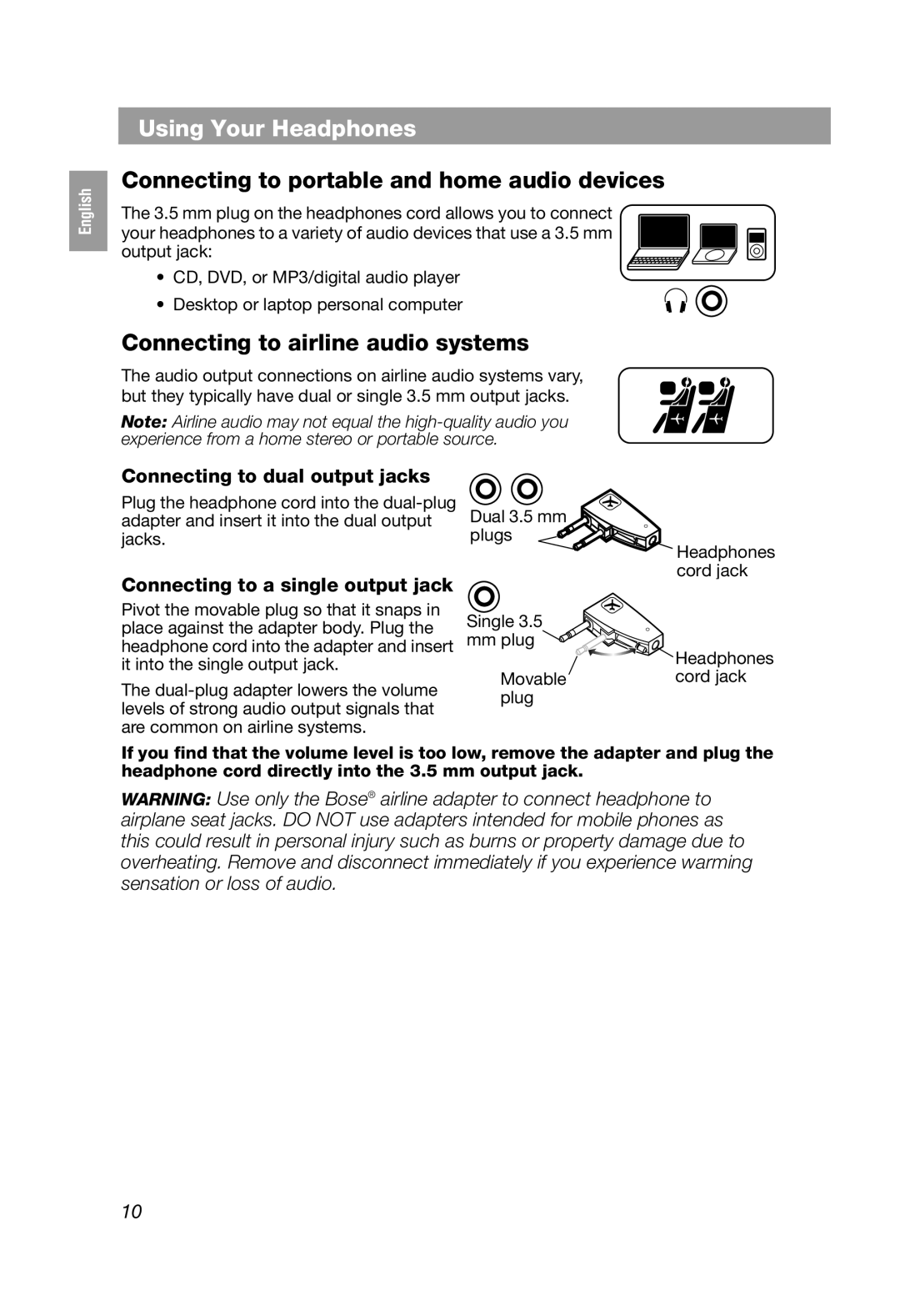 Bose QuietComfort 3, QC3 manual Connecting to portable and home audio devices, Connecting to airline audio systems 