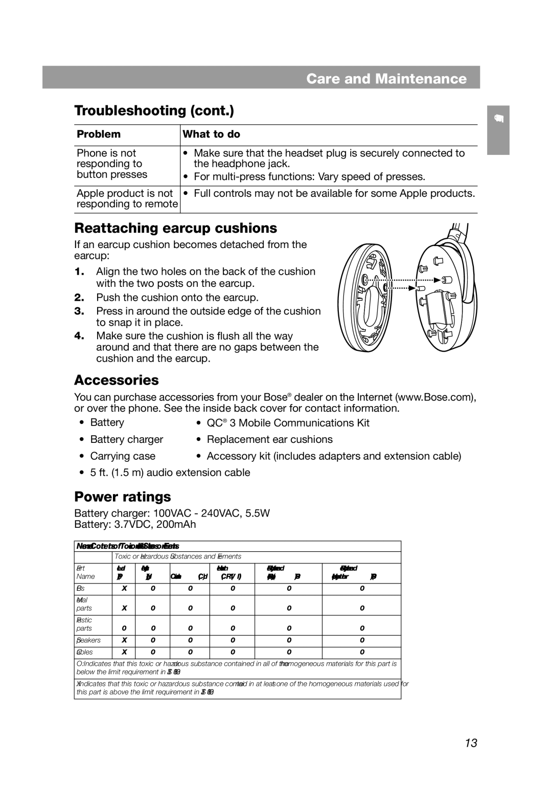 Bose QuietComfort 3, QC3 manual Reattaching earcup cushions, Accessories, Power ratings 