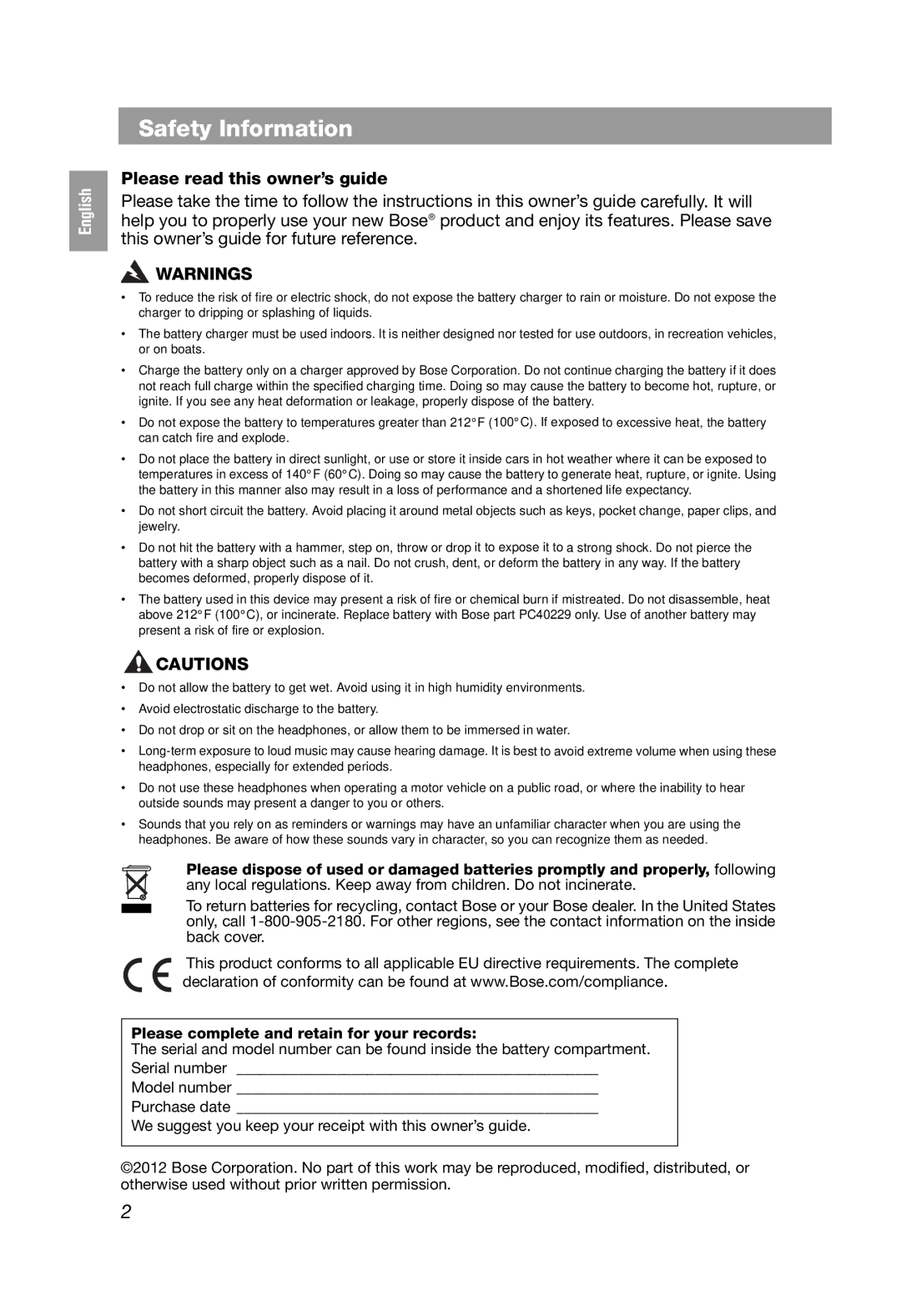 Bose QC3, QuietComfort 3 manual Safety Information, Please read this owner’s guide 