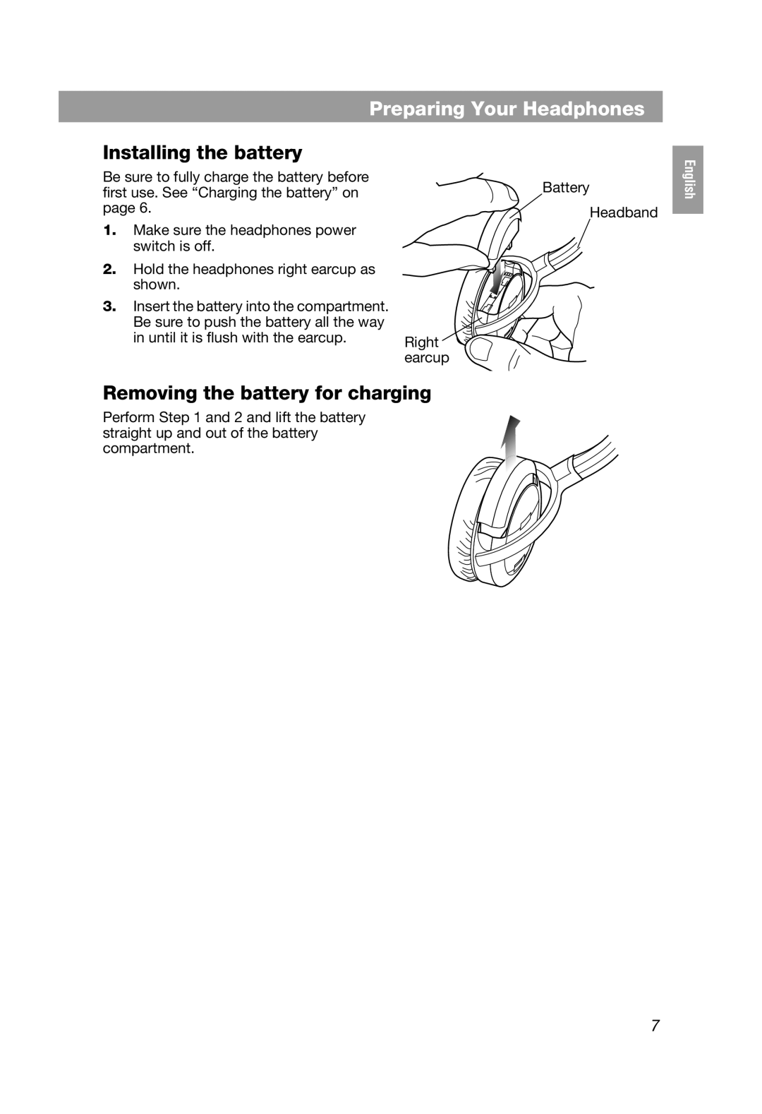 Bose QuietComfort 3, QC3 manual Installing the battery, Removing the battery for charging 