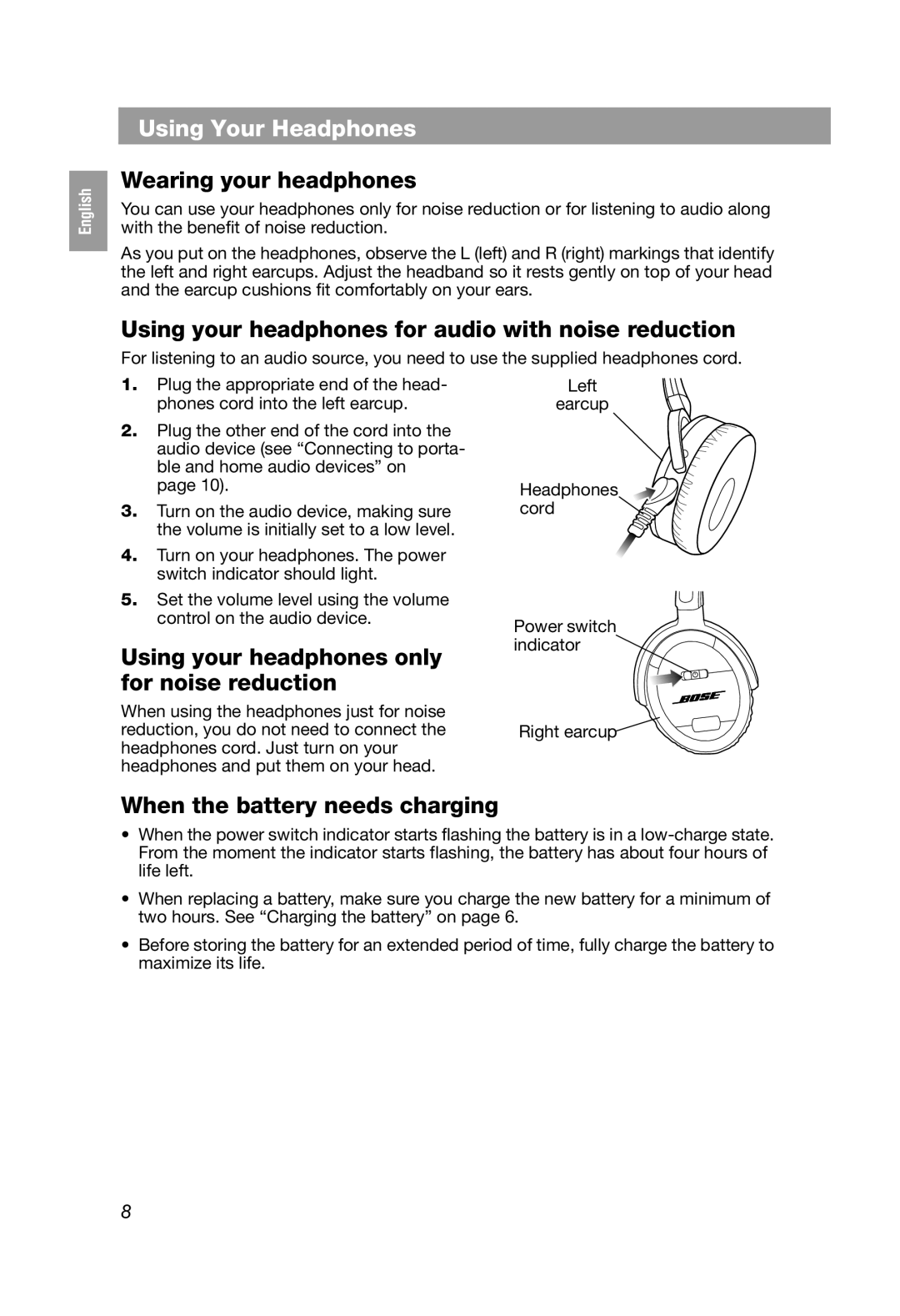 Bose QC3 manual Using Your Headphones, Wearing your headphones, Using your headphones for audio with noise reduction 