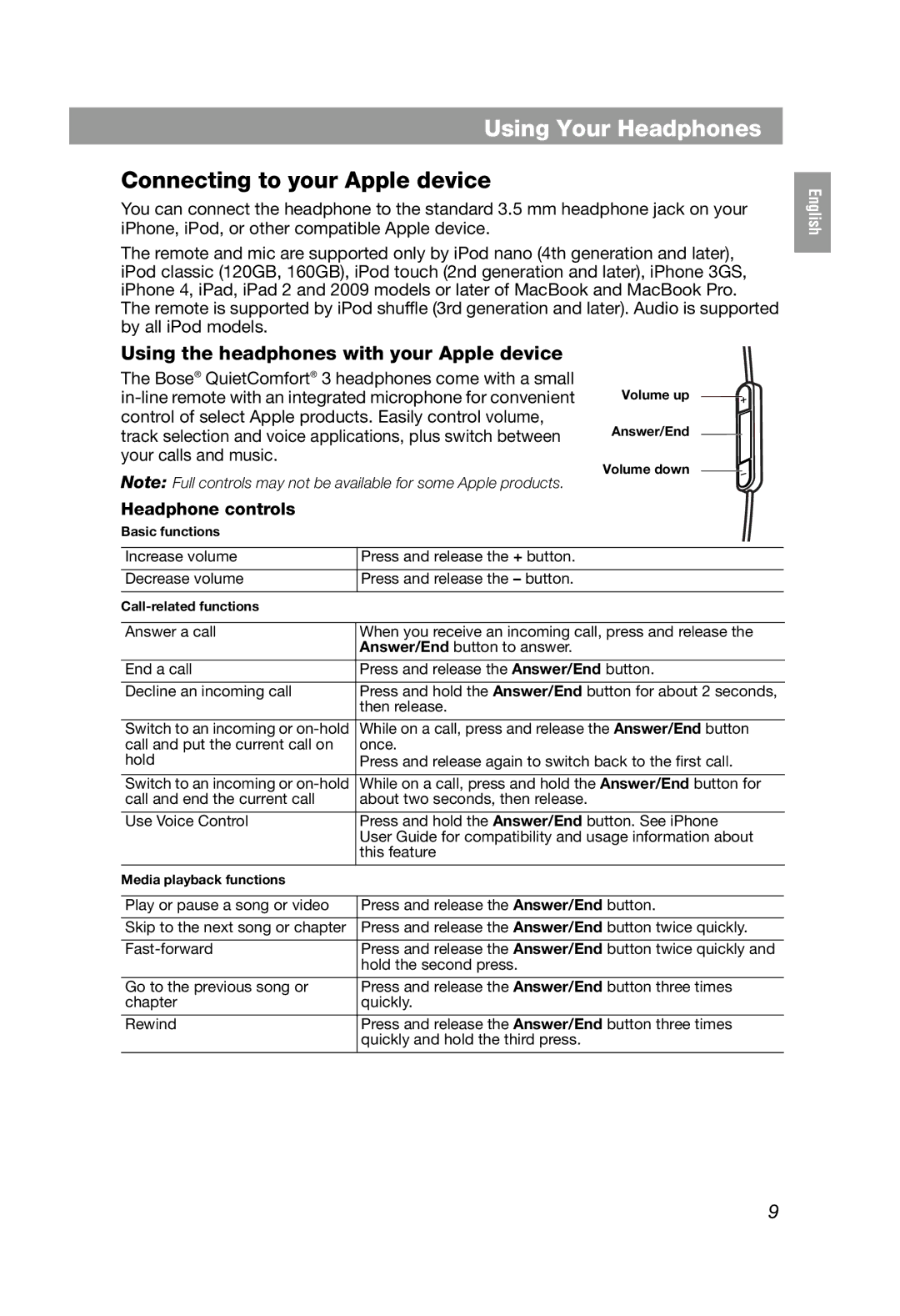 Bose QuietComfort 3, QC3 manual Connecting to your Apple device, Headphone controls 